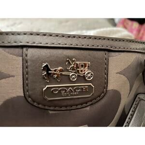 Coach Madison Op Art Sateen Signature Grey Brown Tote Handbag with Wristlet